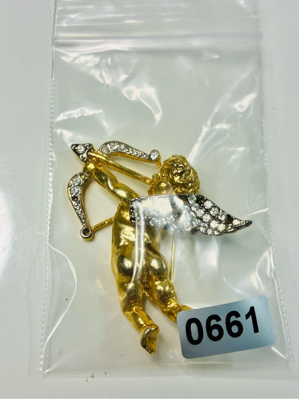 Distressed Gold-Tone Cupid Brooch with Clear Rhinestones Classic Valentine READ